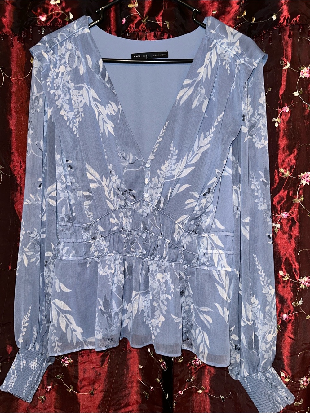 White House Black Market Light Blue Floral V-Neck Peplum Blouse
